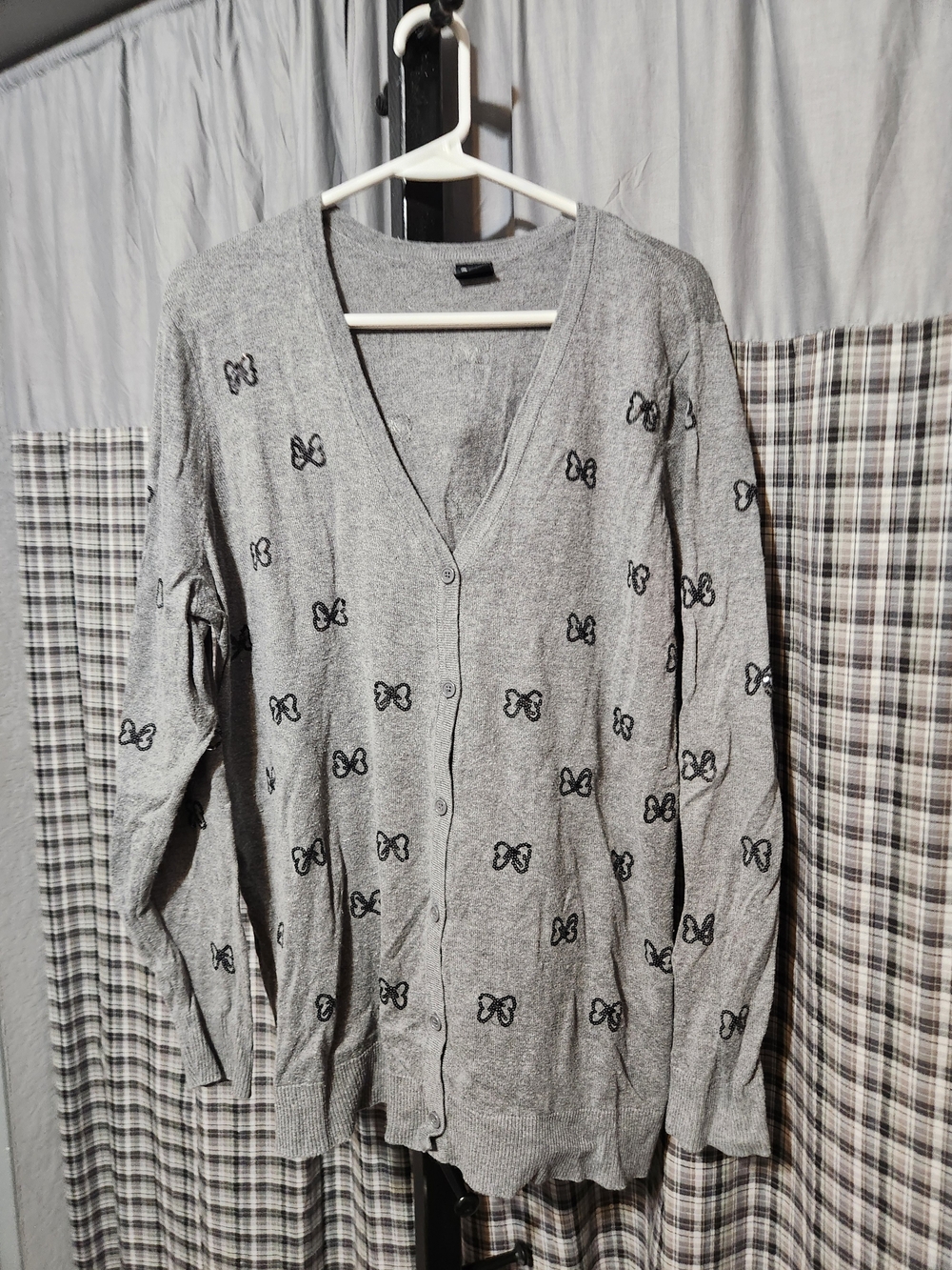 Disney Gray Cardigan Sweater with Black Bow Embroidery